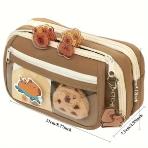 7Pcs Cute Capybara Canvas Pencil Case Set with Doll Stickers Spacious Layered Compartment Zipper Closure Back to School Supplies - Image 4