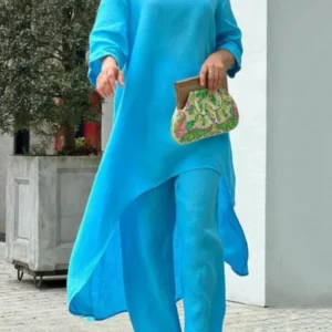 Women's Cotton Linen Long Pants Sets Fashion Solid Casual Irregular Tops Wide Leg Pant Suits Office Lady Two Piece Sets Clothes