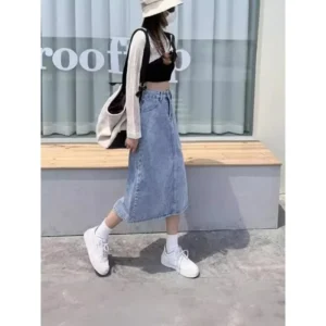 Denim Skirt Women's Autumn 2024 New Style High-Waisted Side Slit Design Hip Covering A- Line Long Dress Trendy - Image 4