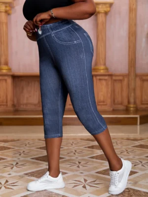 Plus-size Women's capri Leggings in Imitation Denim Pattern for Fashionable and Casual Wear High Stretchability for Active Short - Image 3
