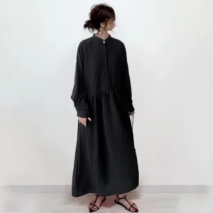 Cross-Border E-commerce Japanese Style Loose-Fit Plus Size Slimming Stand Collar Cotton Linen Shirt Dress Large Movement Long Dr - Image 4