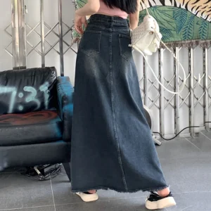 S-5XL New Streetwear Denim Skirt Spring Summer Fashion Frayed Hem Pocket High Waist Long Jeans Skirt Loose Plus Size Skirt - Image 2