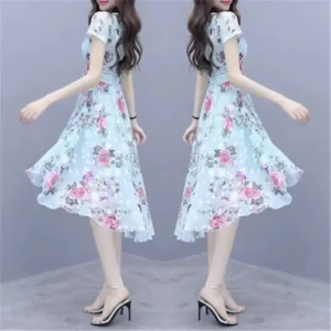 Summer New Style Korean Mommy Dress Short Sleeve Print Waist Cinched Midi Skirt Polyester Fiber round Neck Short Length - Image 3