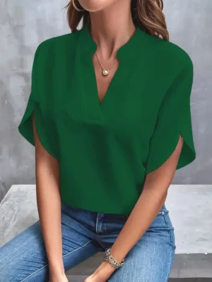 Summer Elegant Women's Blouse New V-neck Short Sleeve Solid Color Loose Shirt Casual White Tops Office Lady Blouses - Image 5