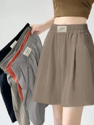 Ice Silk Sports orts Women's Summer 2025 New Sle Casual High Waist Loose Wide Leg Sambo Pants Five-Quarter Length