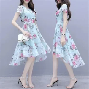 Summer New Style Korean Mommy Dress Short Sleeve Print Waist Cinched Midi Skirt Polyester Fiber round Neck Short Length - Image 2