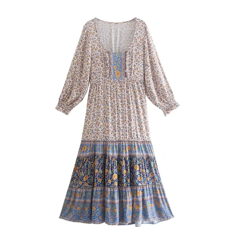 ZBZR Spring New Faion Simple Printed Casual Long Sve Dr Ele High Waist Polyester Fiber A-Line Summer Dr - Image 5