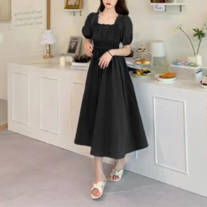 Women Puff Sleeves Midi Dress Summer Retro Knee Length Long Dress French Style Bubble Square Neck Short Sleeved Summer Dress - Image 4