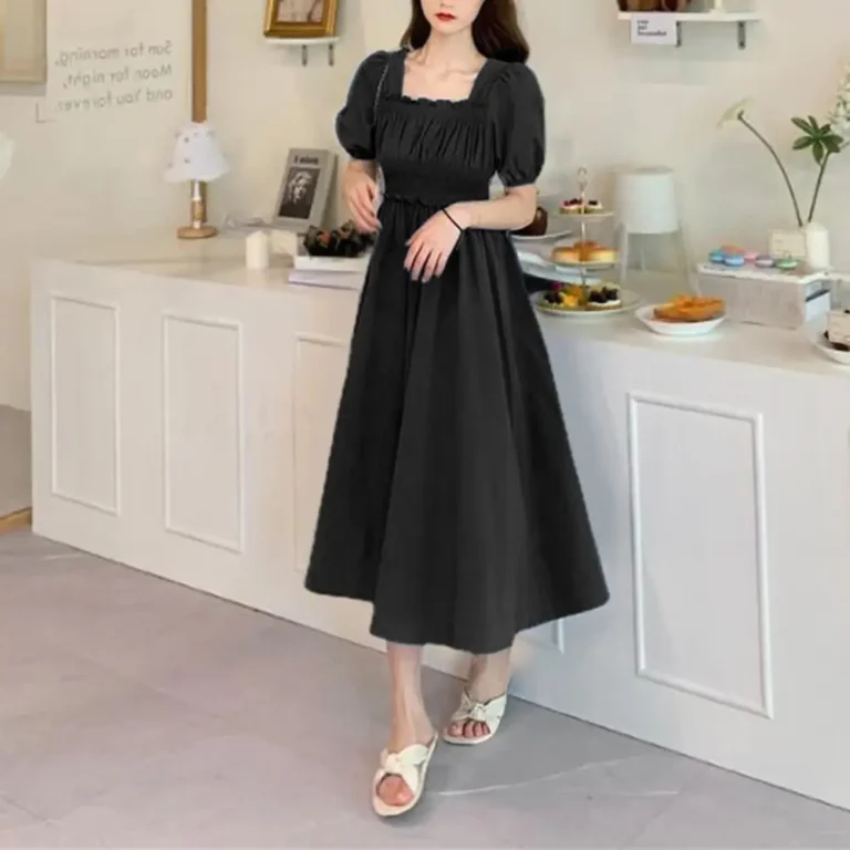 Women Puff Sleeves Midi Dress Summer Retro Knee Length Long Dress French Style Bubble Square Neck Short Sleeved Summer Dress - Image 4