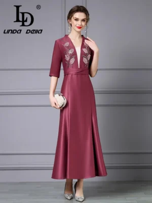 LD LINDA DELLA High Quality Women's Fashion Design Half Sleeve V-neck Embroidered Slimming High Waist Big Swing Dress - Image 3