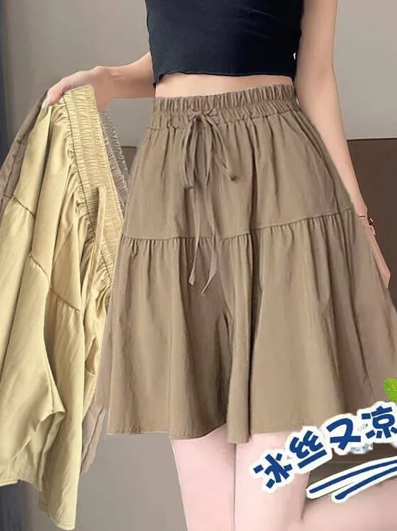 Faionable Wide Leg Pants Women's Summer Thin Slimming Elastic Waist Five-Quarter orts plus Size Casual Trousers Skirt