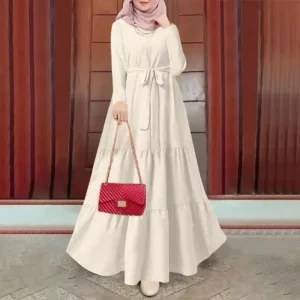 Cross-Border Muslim Solid Color Round Neck Long Sleeve Fashionable Dress With Belt Kaftan Style Casual Ethnic Wear - Image 5