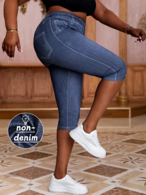Plus-size Women's capri Leggings in Imitation Denim Pattern for Fashionable and Casual Wear High Stretchability for Active Short