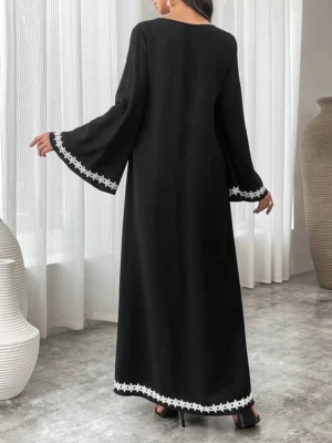 Rafiah Loose Turkish Maxi Dress Patchwork Simple with Wide Sleeves and Ribbon Trim for Women Arabian Dress - Image 6