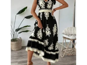 Cross-Border Summer 2025 Women's Beach Dress Vacation Style Print Maxi Skirt Polyester Fiber V-Neck Short Sleeve Ankle-Length