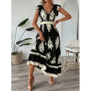 Cross-Border Summer 2025 Women's Beach Dress Vacation Style Print Maxi Skirt Polyester Fiber V-Neck Short Sleeve Ankle-Length