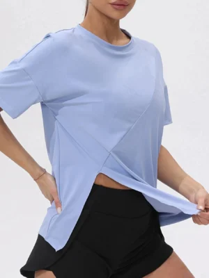 Fitfemme Women's Oversized Workout Short - Sleeve TShirt with Asymmetric Hem - Breathable & Quick - Dry for Yoga & Gym - Image 7