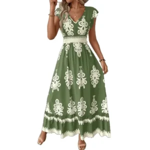 Cross-Border Summer 2025 Women's Beach Dress Vacation Style Print Maxi Skirt Polyester Fiber V-Neck Short Sleeve Ankle-Length - Image 6
