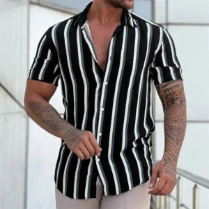 New Men's Shirts Fashion Stripes Print Short-sleeved Tees Summer Tops Men Turn-down Collar Button Casual T-shirt Clothing - Image 2