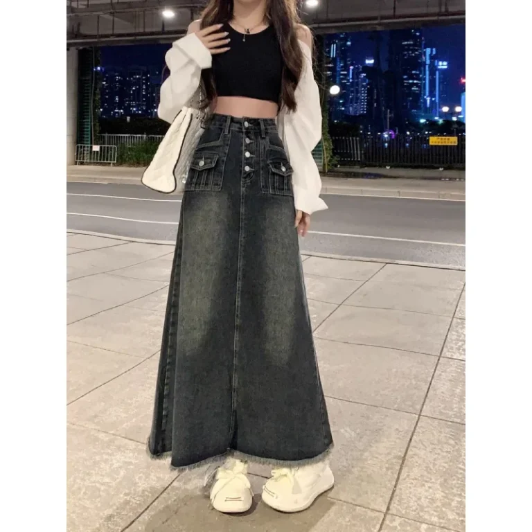 High Waist A- Line Denim Skirt Women's Spring Autumn Miniature Meat Conceal Slimming Frayed Mid-Length Umbrella Skirt - Image 3