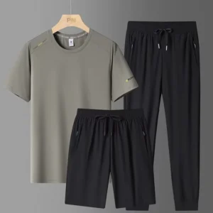 Summer New Men's Ice Silk Sports Set Quick Drying Breathable Cool Round Neck Short Sleeve Shorts Long Pants 3-Piece Set Large - Image 4