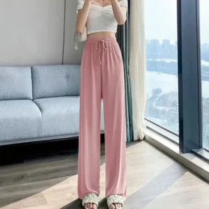 New Ice Silk Slim Wide Leg Pants Women Summer Thin High Waist Drape Loose Straight Casual Pants Slimming Effect - Image 3