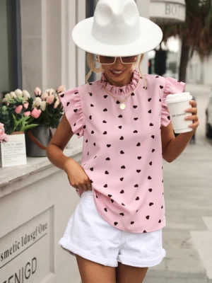 Fashion Chiffon Print Women's Shirt Casual Ruffle Short Sleeve Top Pink Chic Woman Blouse And Shirts Elegant Blouses Summer 2024 - Image 4