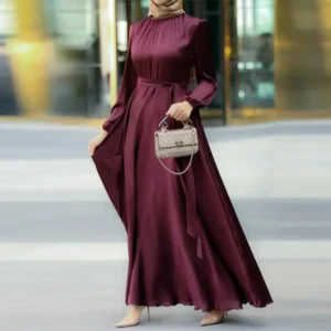 Women's Muslim Style Round Neck Long Sleeve Tie Up Waist Slim Fashion Elegant Robe Loose Dress - Image 3