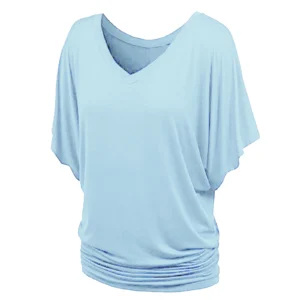 2024 New Summer Commuting Minimalist Loose Fit Plus Size Straight Tube Batwing Sleeve Solid V-neck Hem Folds Women's T-shirt Top - Image 5