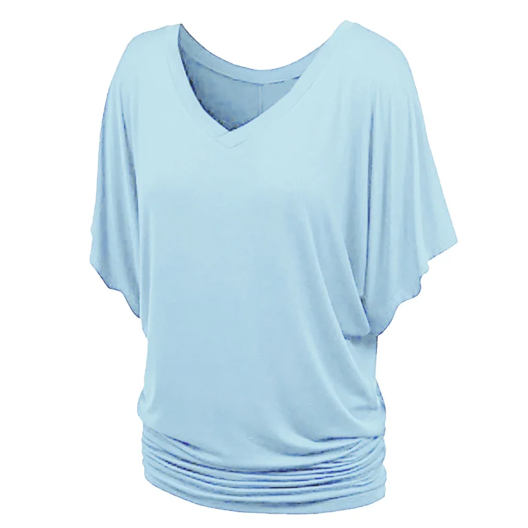 2024 New Summer Commuting Minimalist Loose Fit Plus Size Straight Tube Batwing Sleeve Solid V-neck Hem Folds Women's T-shirt Top - Image 5