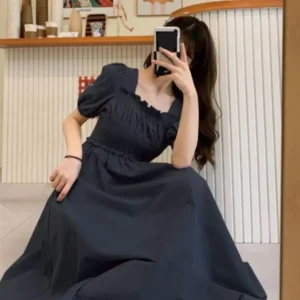 Women Puff Sleeves Midi Dress Summer Retro Knee Length Long Dress French Style Bubble Square Neck Short Sleeved Summer Dress - Image 3