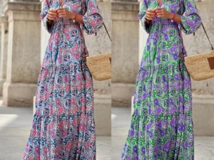 Women's Elegant Long Dress Spring New Fashion Printed V-neck Long Sleeve High Waist Elastic Waist Medium Length Bohemian Dresses