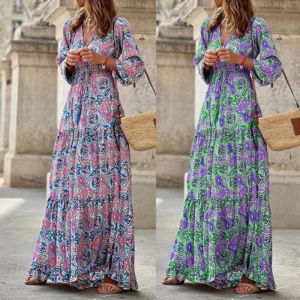 Women's Elegant Long Dress Spring New Fashion Printed V-neck Long Sleeve High Waist Elastic Waist Medium Length Bohemian Dresses