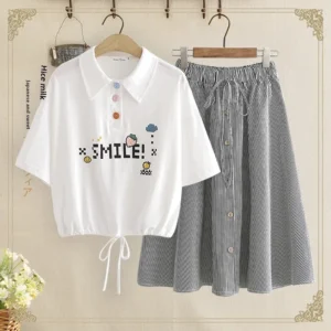 Sweet High-Waisted Medium-Length Skirt Set For Women Summer Cropped T-Shirt Plus Two-Piece Set Fashionable Chinese Girls Outfit - Image 2