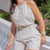 Summer New Women's Two-Piece Fashion Solid Color Skinny Sleeveless Casual Suspender Cold Shoulder Top Shorts Set with Belt