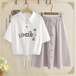 Sweet High-Waisted Medium-Length Skirt Set For Women Summer Cropped T-Shirt Plus Two-Piece Set Fashionable Chinese Girls Outfit - Image 3