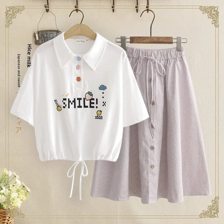 Sweet High-Waisted Medium-Length Skirt Set For Women Summer Cropped T-Shirt Plus Two-Piece Set Fashionable Chinese Girls Outfit - Image 3