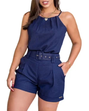Summer New Women's Two-Piece Fashion Solid Color Skinny Sleeveless Casual Suspender Cold Shoulder Top Shorts Set with Belt - Image 5