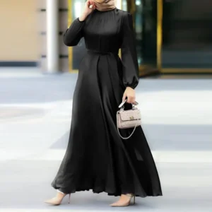 Women's Muslim Style Round Neck Long Sleeve Tie Up Waist Slim Fashion Elegant Robe Loose Dress - Image 4
