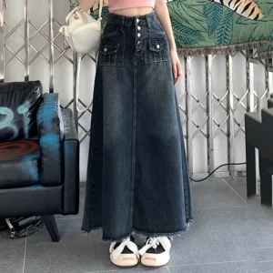 S-5XL New Streetwear Denim Skirt Spring Summer Fashion Frayed Hem Pocket High Waist Long Jeans Skirt Loose Plus Size Skirt