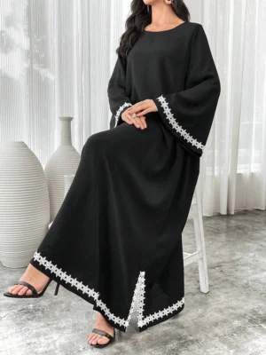 Rafiah Loose Turkish Maxi Dress Patchwork Simple with Wide Sleeves and Ribbon Trim for Women Arabian Dress - Image 4