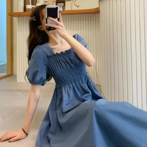 Women Puff Sleeves Midi Dress Summer Retro Knee Length Long Dress French Style Bubble Square Neck Short Sleeved Summer Dress - Image 2