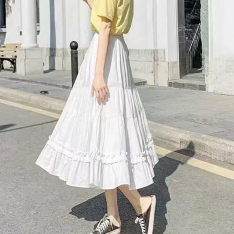 Casual Vintage Women Skirt Matching Chic Lady's White Skirt Sweet Girl's Cake Skirt Elastic Waist A-Line Mid Length Flare Skirt - Image 4