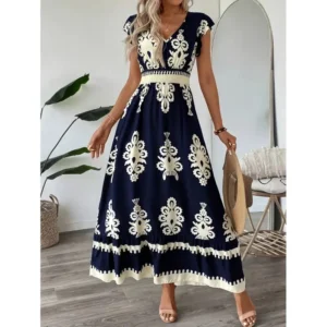 Cross-Border Summer 2025 Women's Beach Dress Vacation Style Print Maxi Skirt Polyester Fiber V-Neck Short Sleeve Ankle-Length - Image 4
