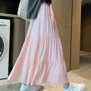Spring Summer Women Long Skirts Fashion High Waist Elastic Patchwork A-Line Skirt Casual All-Match White Cake Maxi Skirts Female - Image 4