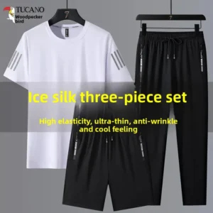 Ice Silk Summer Men's Casual Sportswear Set Short Sleeve T-Shirt Shorts Pants Running Three-piece Set Large Size Striped Pattern - Image 3
