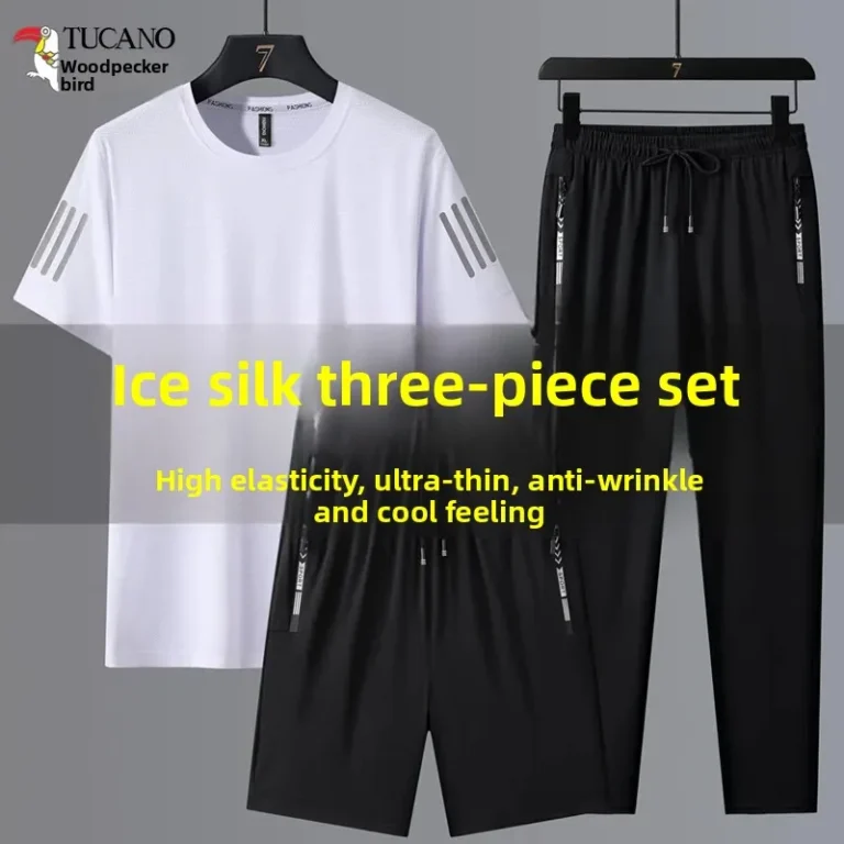 Ice Silk Summer Men's Casual Sportswear Set Short Sleeve T-Shirt Shorts Pants Running Three-piece Set Large Size Striped Pattern - Image 3