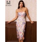 MSMUSI 2025 New Fashion Women Sexy Strapless Floral Lace Mesh Sleeveless Backless Bodycon Party Club Event Midi Dress Vestidos