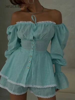 Fashion Off Shoulder Shirt Short Pants Suit Women Lace Up Solid Puff Sleeve Patchwork Shorts Female 2025 Summer Beach Sets Lady - Image 3