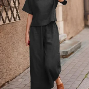 Summer New Women's Fashion Cotton Linen Suit Short Sleeves 2-Piece Set European American Line Color Cross-Border Trade - Image 4